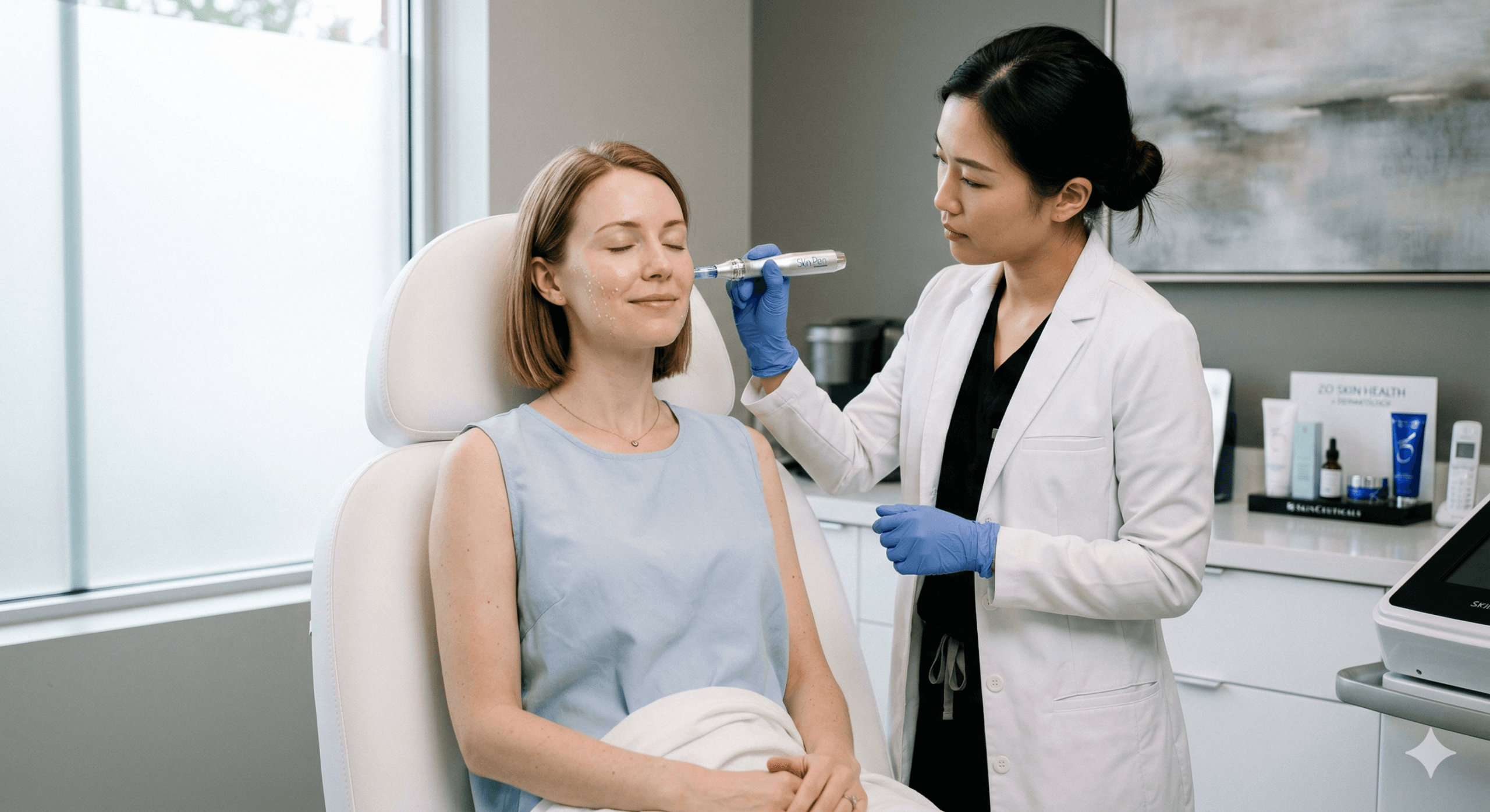 A clinical close-up of a patient undergoing a SkinPen Microneedling treatment, showing the medical-grade device in action.
